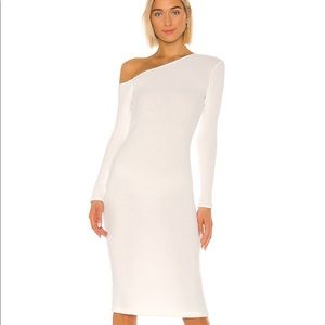 Sweater knit angled neck midi dress in winter white
